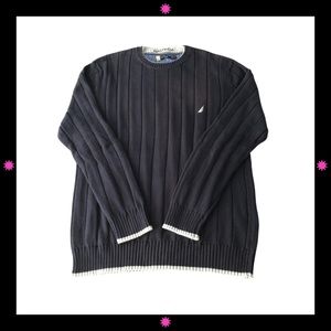 MEN’S NAVY BLUE SWEATER WITH WHITE TRIM ON CUFFS, NECK & BOTTOM BY NAUTICA XL